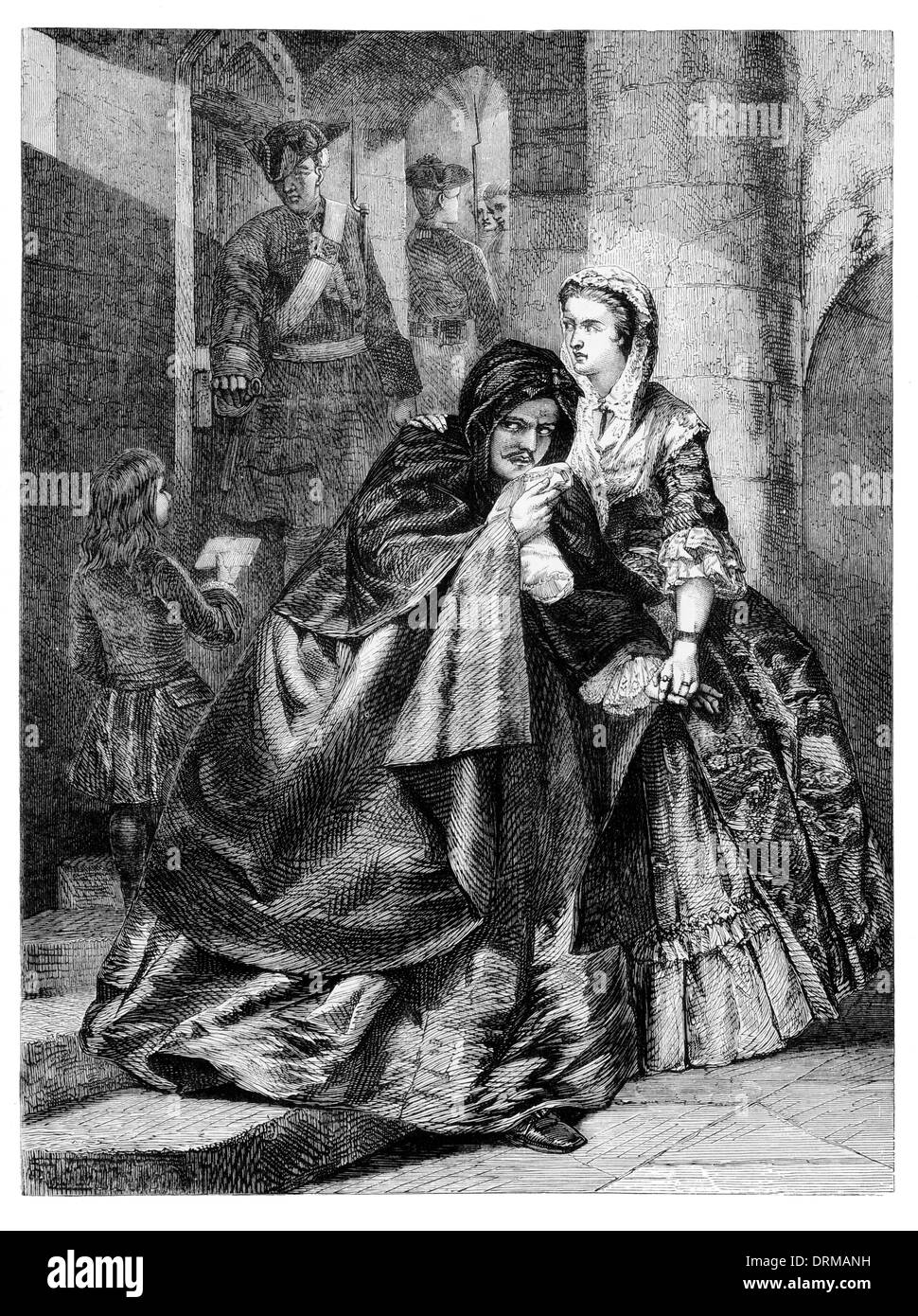 La fuga di Nithsdale Signore travestito da donna, dalla Torre di Londra, 1716. Foto Stock