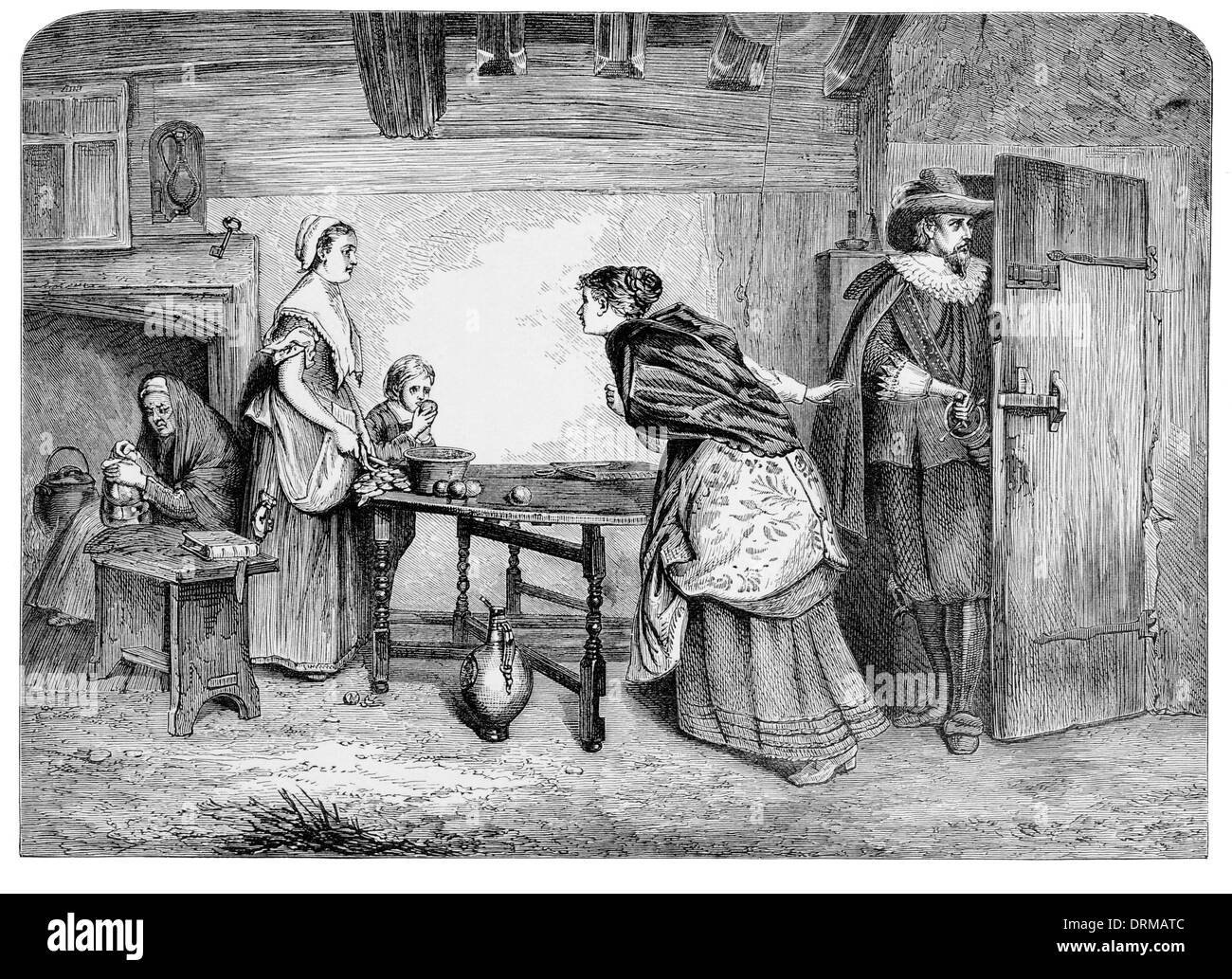 I realisti che cercano rifugio nella casa di un puritano circa 1640 Foto Stock
