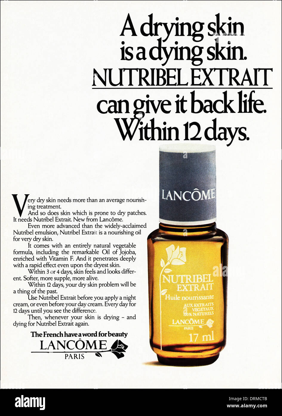 Negli anni ottanta la rivista di moda pubblicità pubblicità cosmesi per la cura della pelle dalla LANCOME di Parigi, annuncio circa 1983 Foto Stock