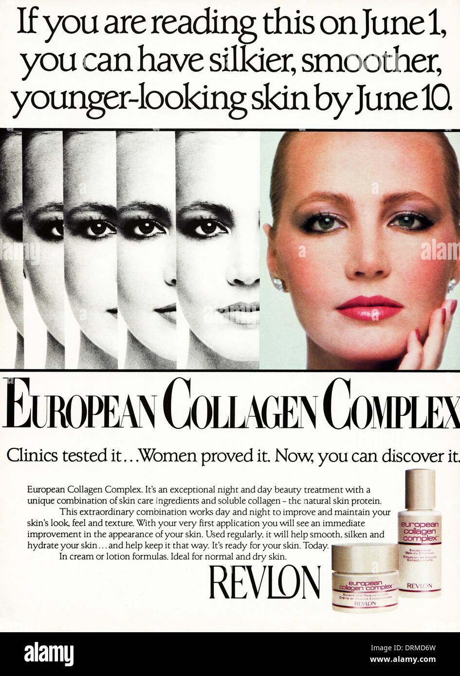 Negli anni ottanta la rivista di moda pubblicità pubblicità REVLON cosmetici per la pelle, annuncio circa 1983 Foto Stock