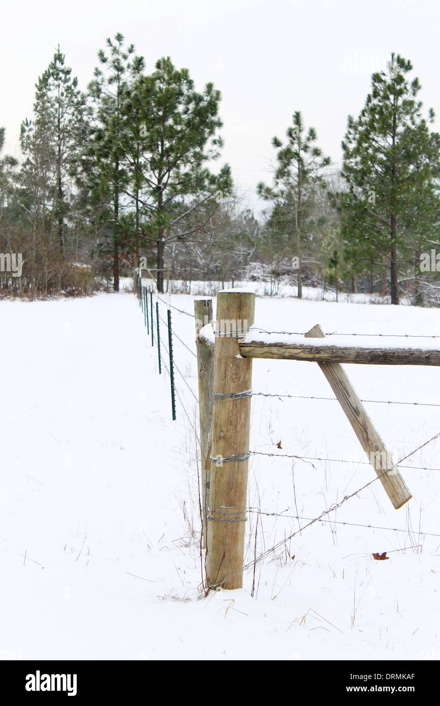 Coperte di neve recinzione in un campo Foto Stock