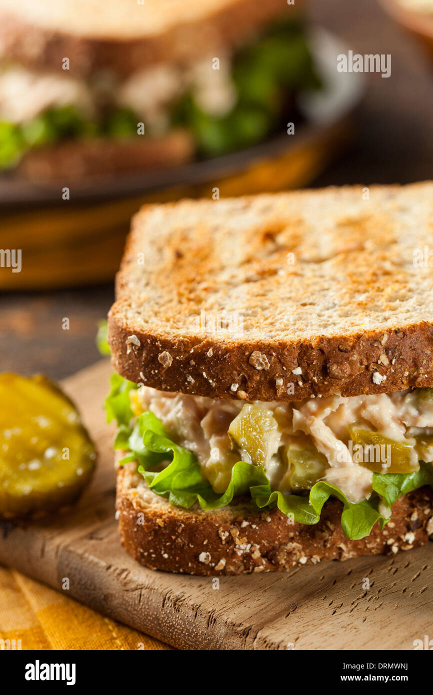 Un sano tonno Sandwich con lattuga e un lato di chip Foto Stock