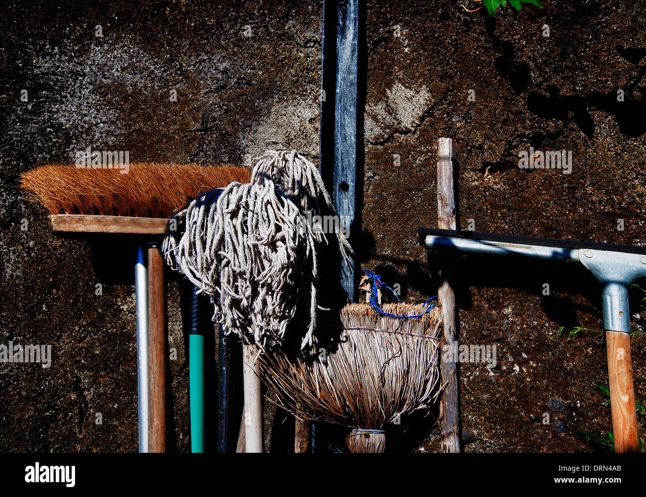 Spazzola, mop, ginestra e ventosa contro una parete Isola de la Réunion Foto Stock