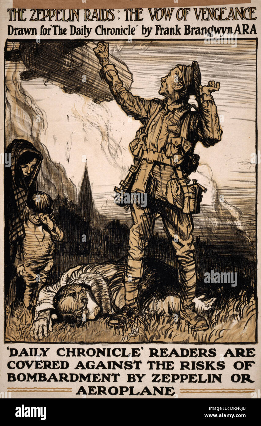 La zeppelin scorrerie: il voto di vendetta. Disegnata per 'La cronaca quotidiana" di Frank Brangwyn a.r.a. 'Daily cronaca' i lettori sono coperti contro i rischi di bombardamento da zeppelin o aereo , 1915 Foto Stock