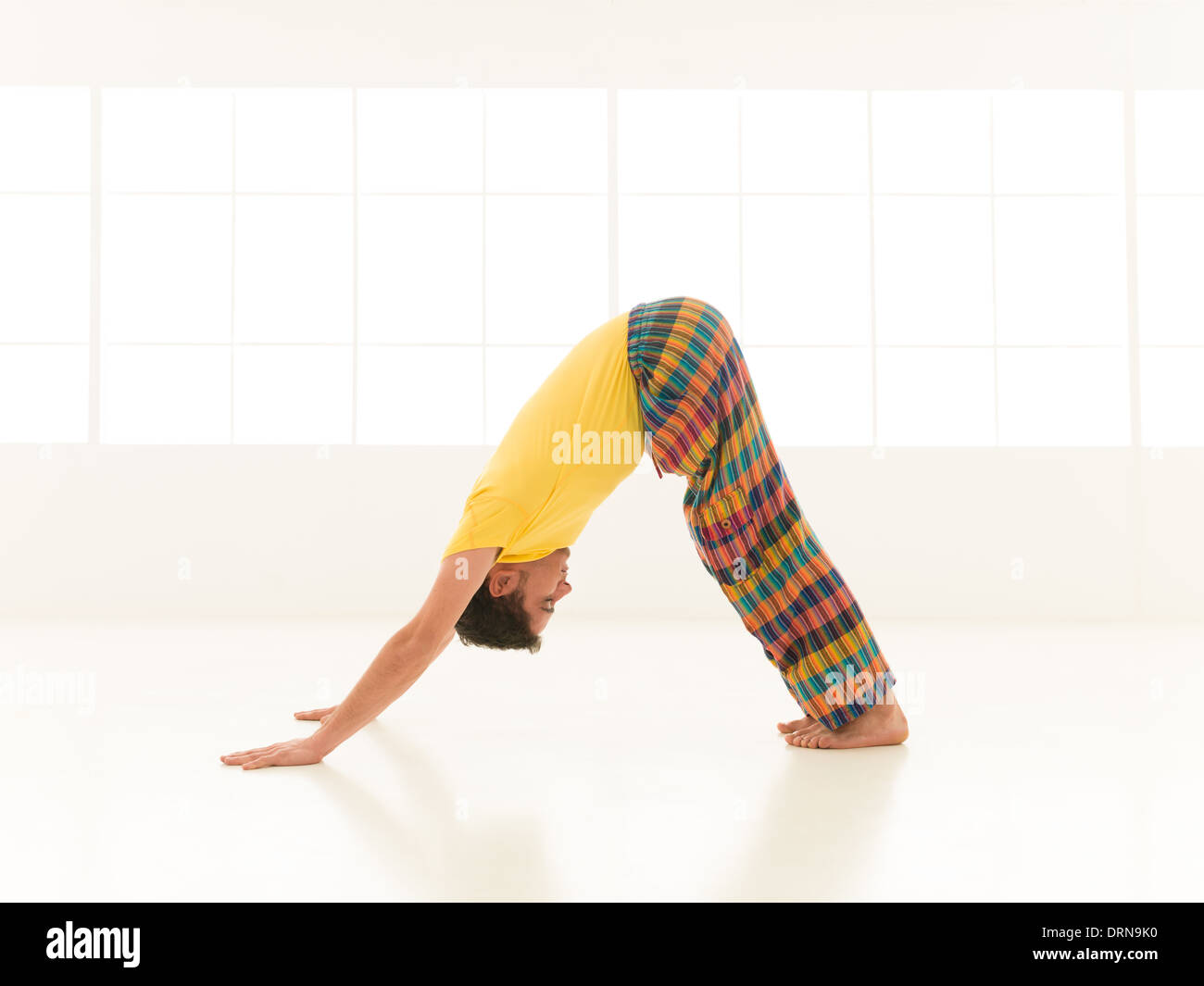 Vestiti colorati ripetendo maschio Cane con la testa in giù Ardho Mukha Svanasana esercizi yoga in una stanza bianca con lo sfondo della finestra Foto Stock