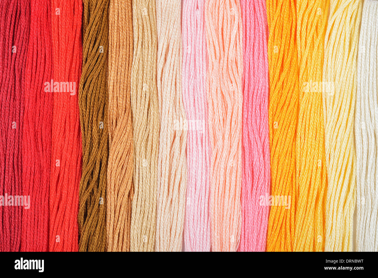 Colorati fili di ricamo in una fila. Colori caldi dello sfondo. Foto Stock