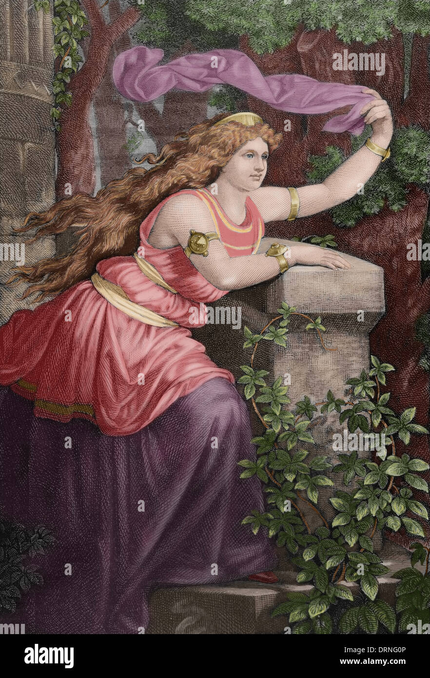 Iseult d'Irlanda. La principessa irlandese. Dopo incisione da un dipinto di Teodoro Biris da A. Schurufter. L'illustrazione, 1884. Colorata Foto Stock