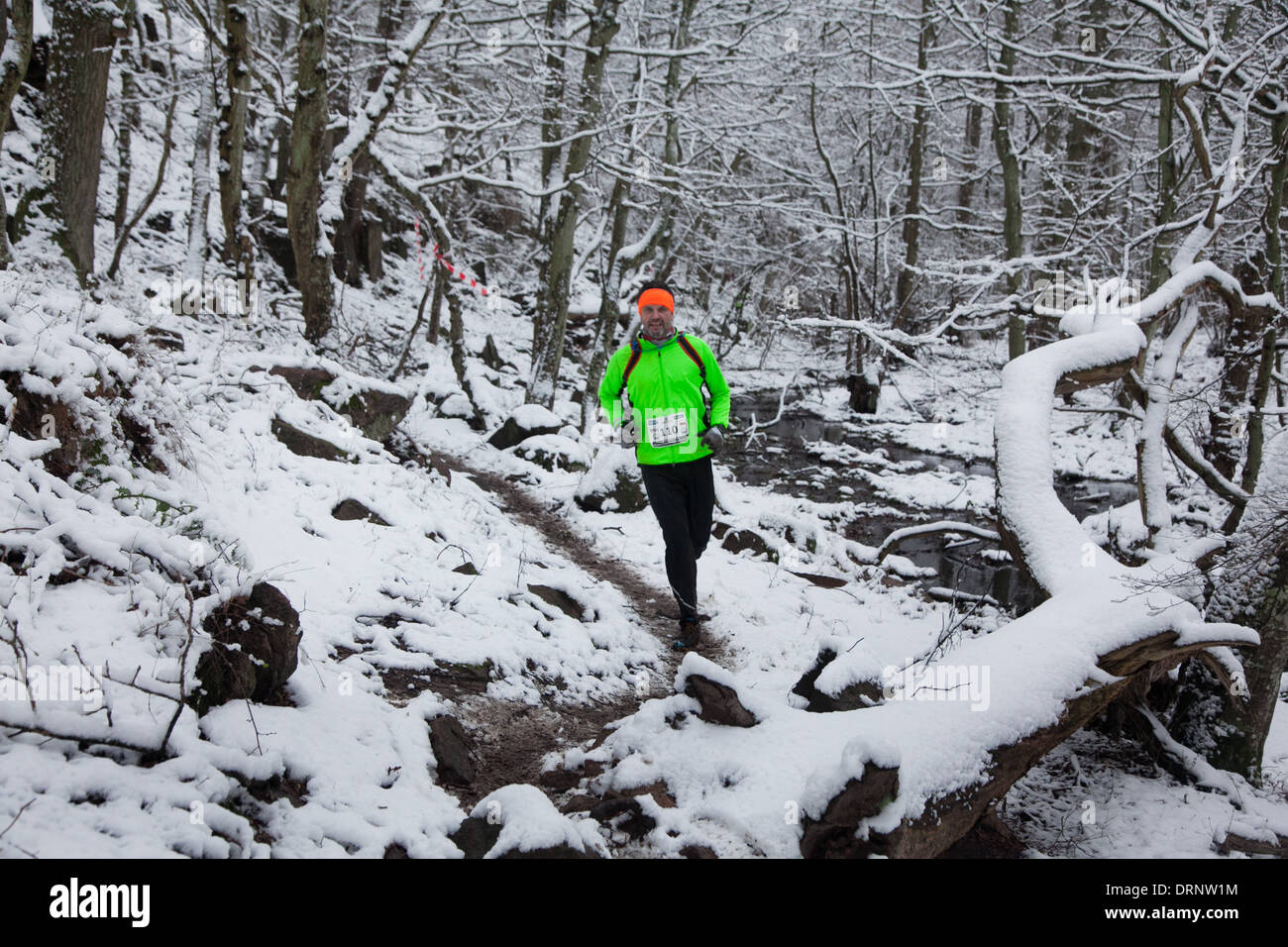 Un runner fa il suo modo attraverso i bit di bosco lungo un sentiero stretto. Foto Stock