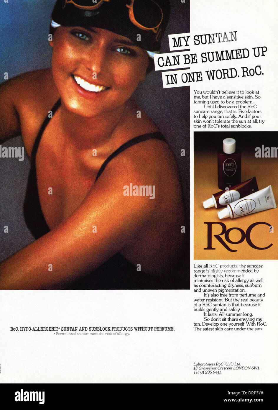 Negli anni ottanta la rivista di moda pubblicità pubblicità ROC lozione solare, annuncio circa 1983 Foto Stock