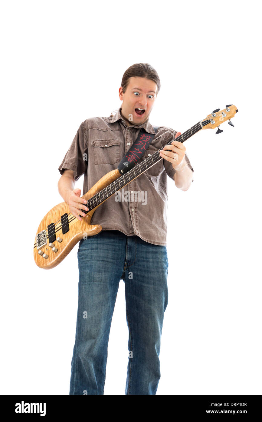 Bassista chitarrista con un aspetto folle (serie con lo stesso modello disponibile) Foto Stock