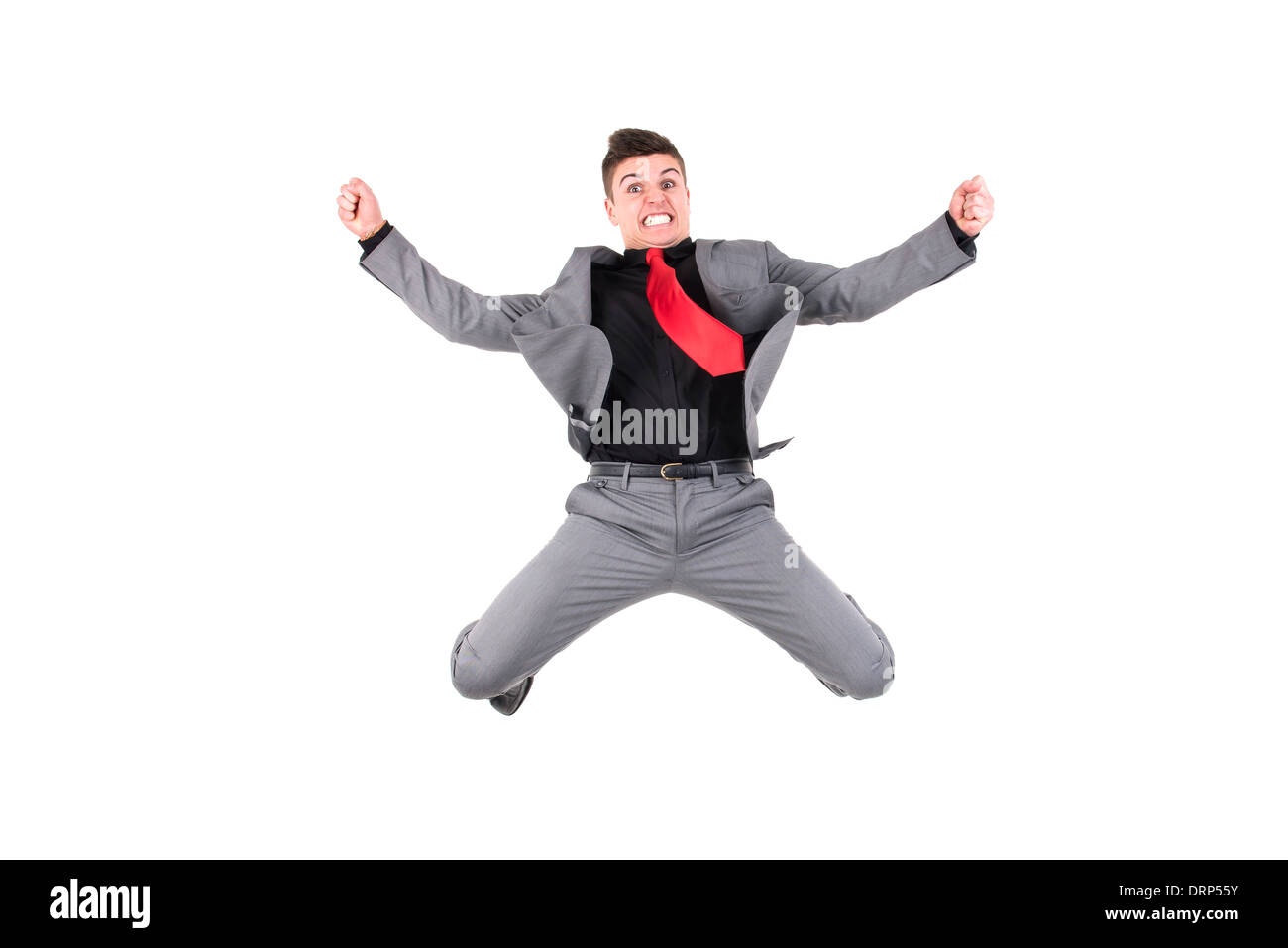 Happy businessman jumping alto isolato in bianco Foto Stock