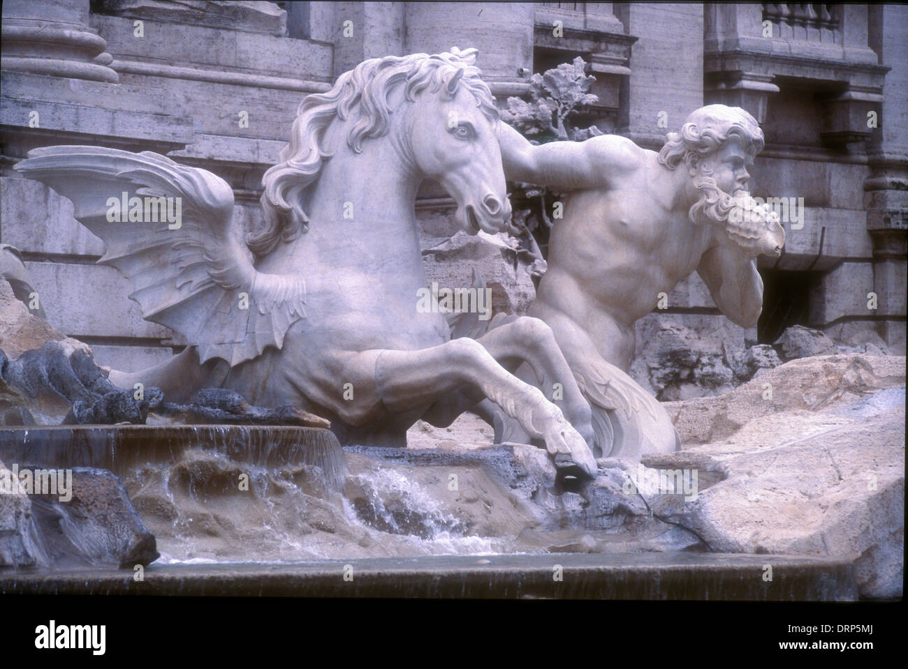 Fontana di Trevi Roma particolare del cavallo cavallo alato scultura Foto Stock