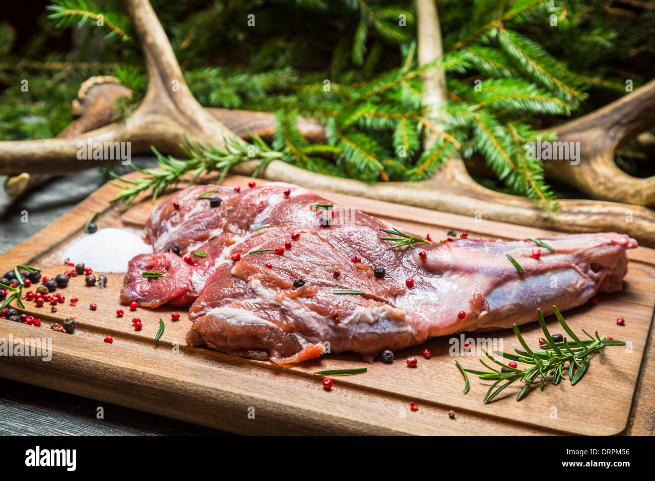 Pezzo fresco di cervo sullo sfondo della foresta Foto Stock