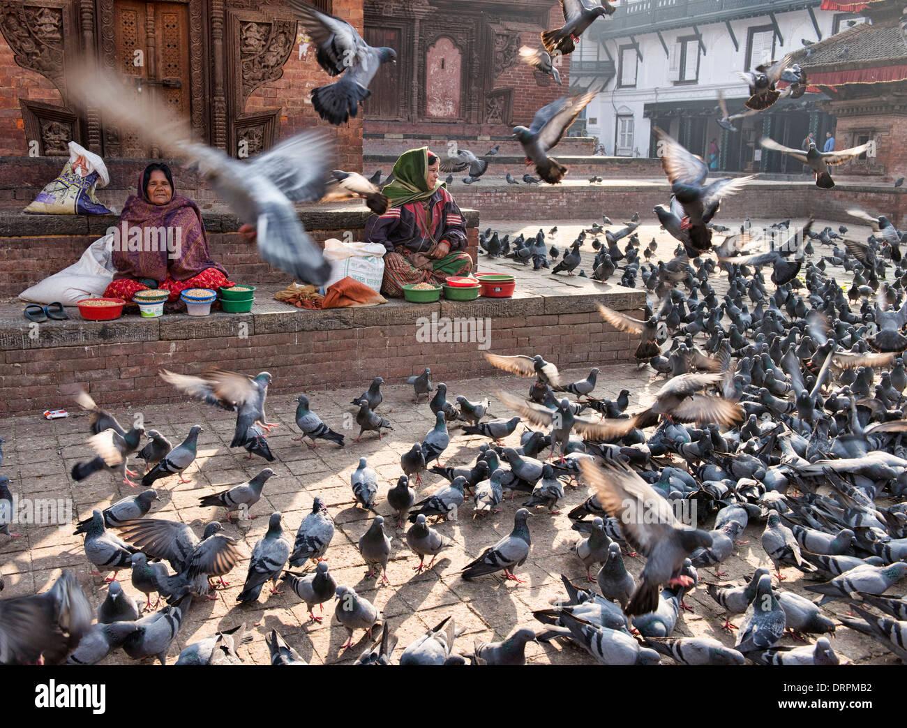 Alimentazione dei piccioni in Piazza Durbar, Kathmandu, Nepal Foto Stock