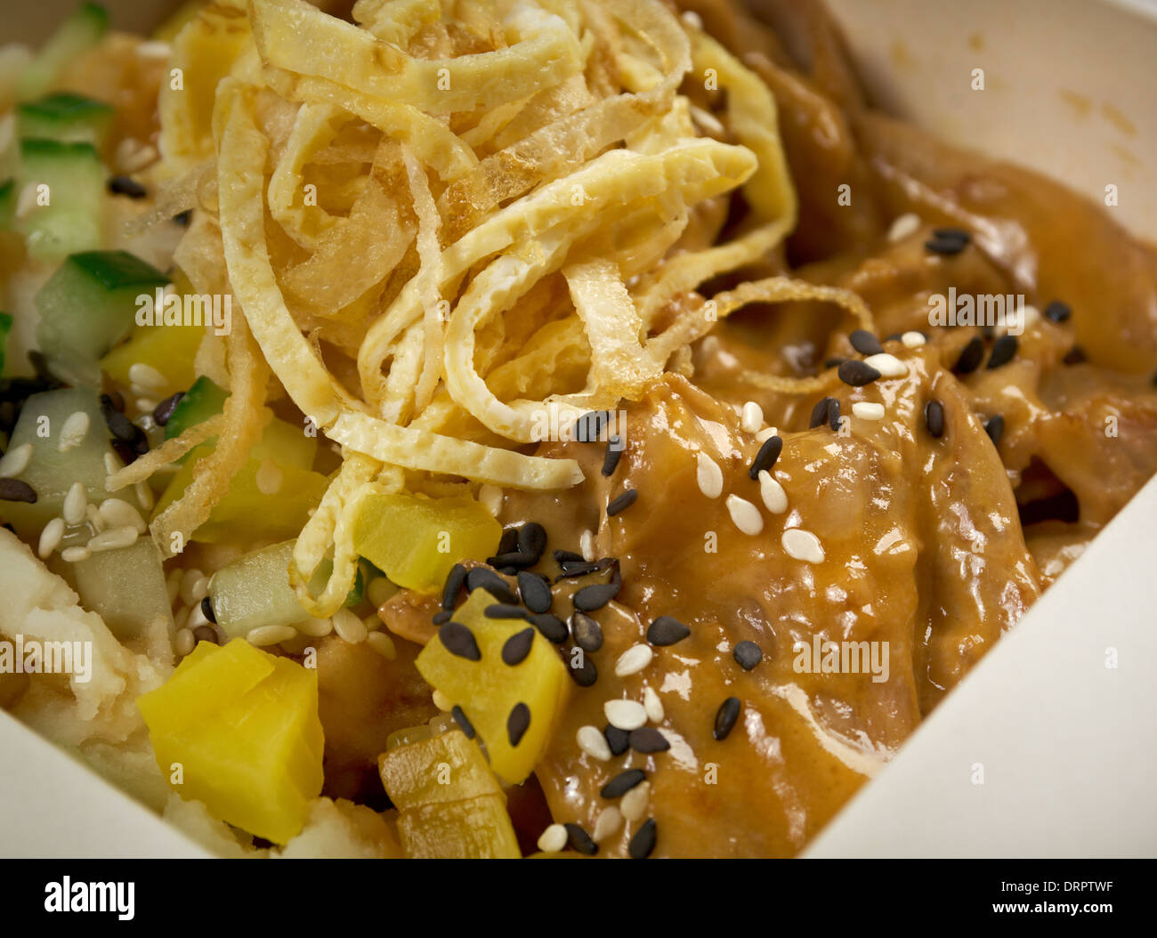 La carne di maiale arrosto e rivestimento di patate. tradizionale cibo giapponese in take-out box Foto Stock