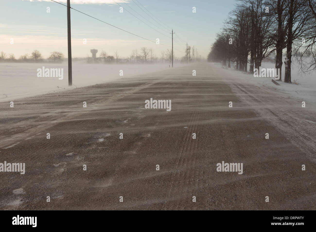 Vento persistente e lavori di soffiaggio della neve crea una massa blizzard nelle regioni rurali del Southern Ontario forzando una chiusura di alcune strade Foto Stock
