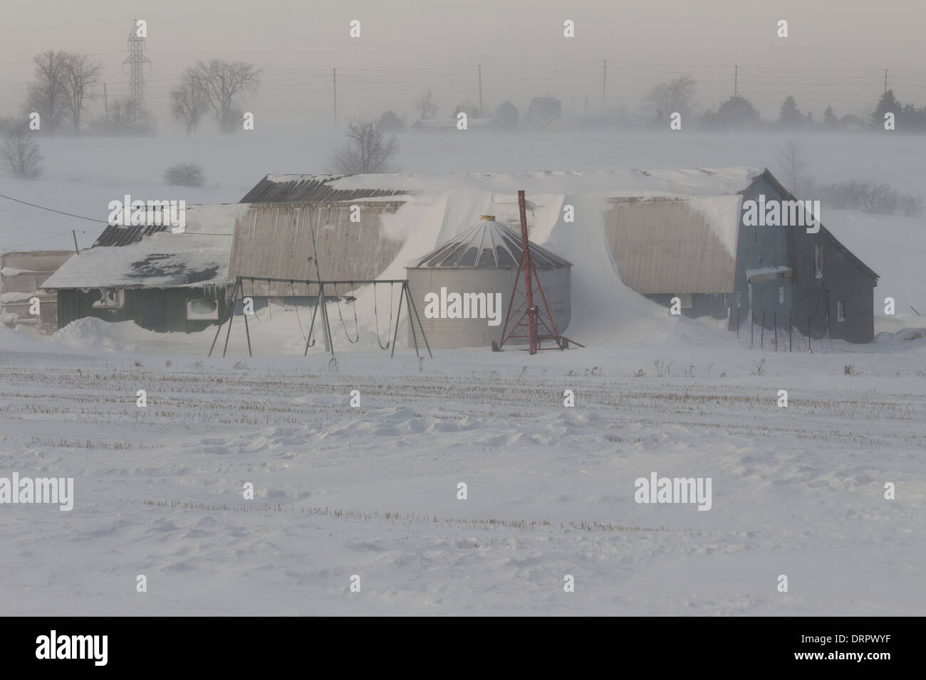 Panna montata del vento neve soffiata avvolge una fattoria durante una massa blizzard durante estreme di freddo inverno meteo Foto Stock