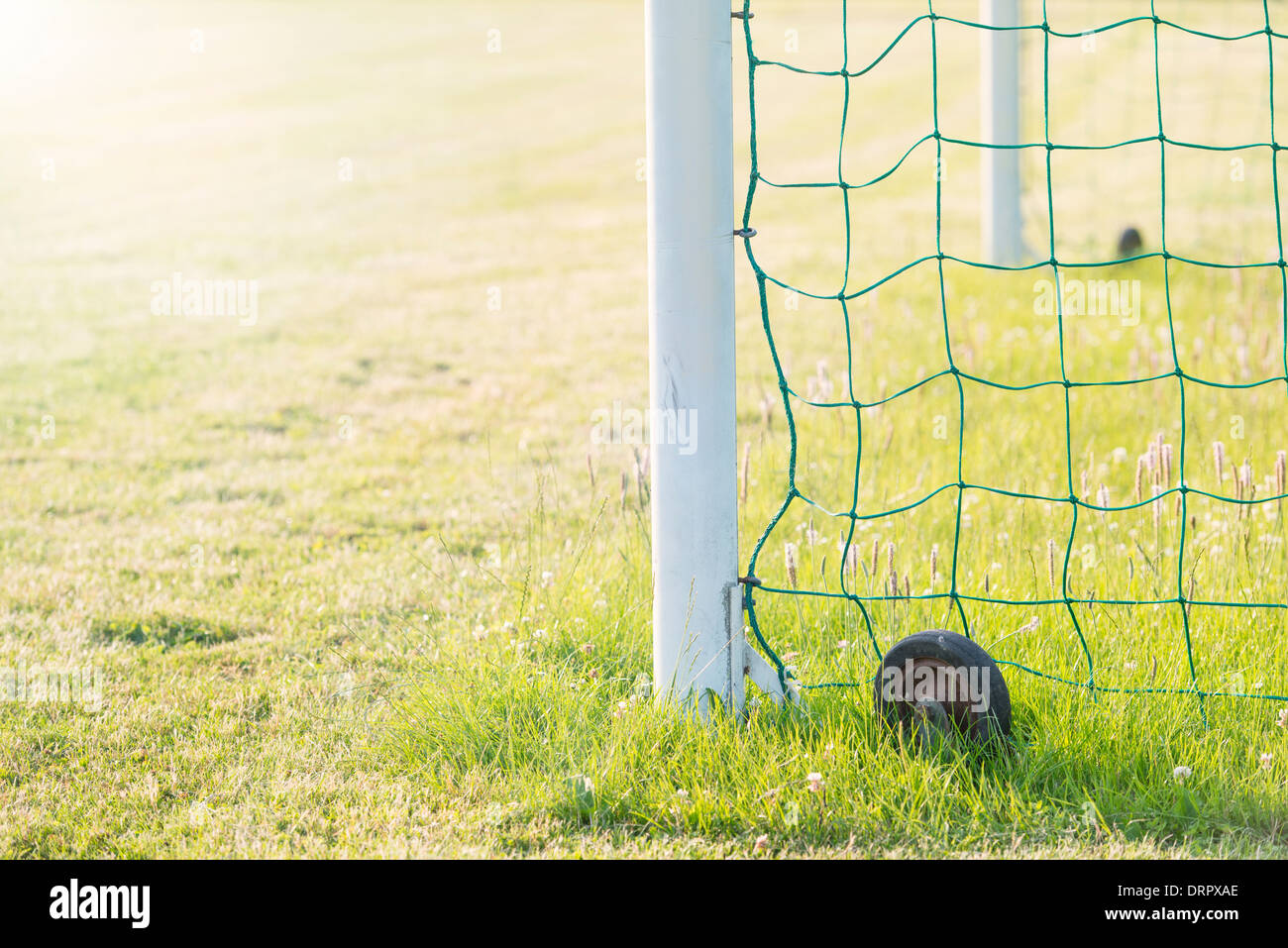 Erba verde e goal post su un campo di calcio Foto Stock