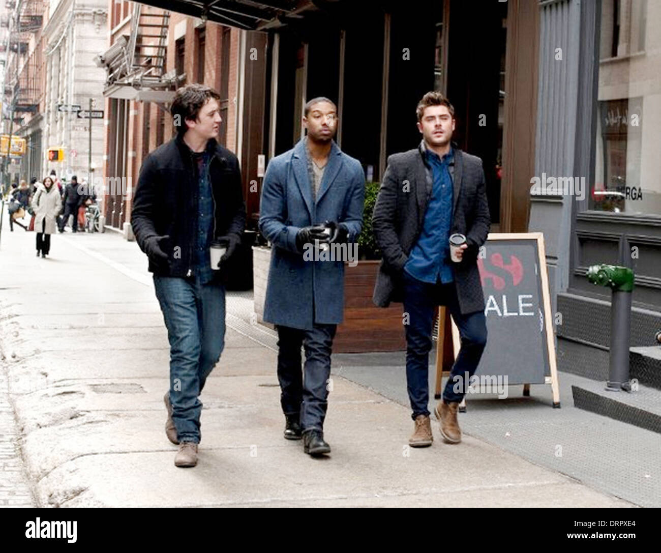 Quel momento inopportuno 2014 Focus Features film. Da sinistra: Miles Teller, Michael Jordan, Zac Efron Foto Stock