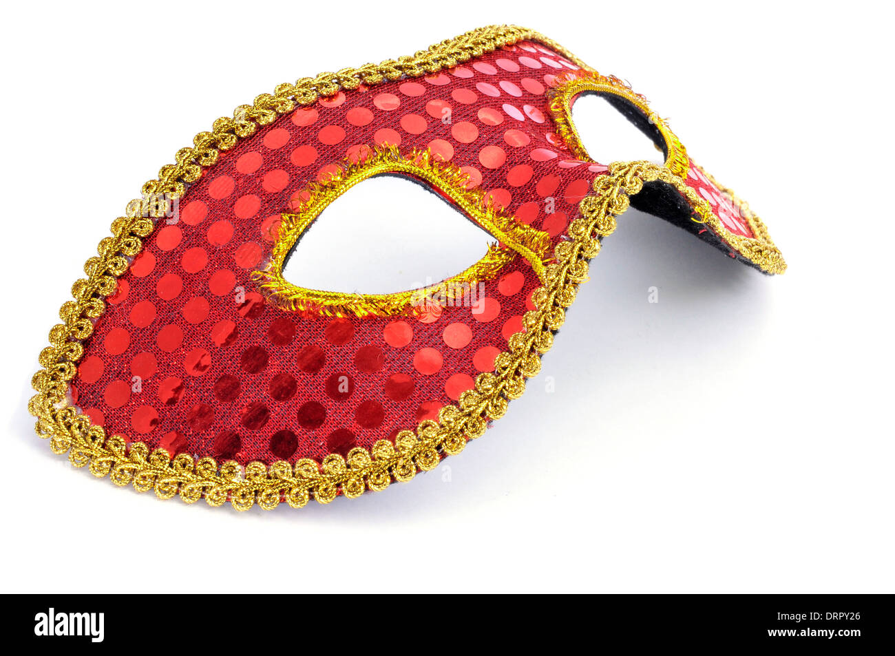 Un elegante rosso e golden maschera di Carnevale su sfondo bianco Foto Stock