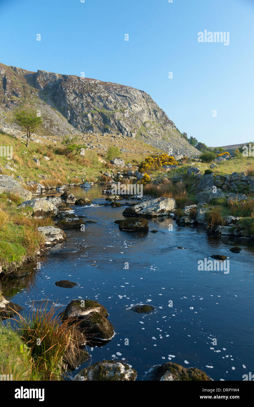 Il fiume Cloghoge sotto le scogliere di Luggala, Wicklow Mountains, County Wicklow, Irlanda. Foto Stock