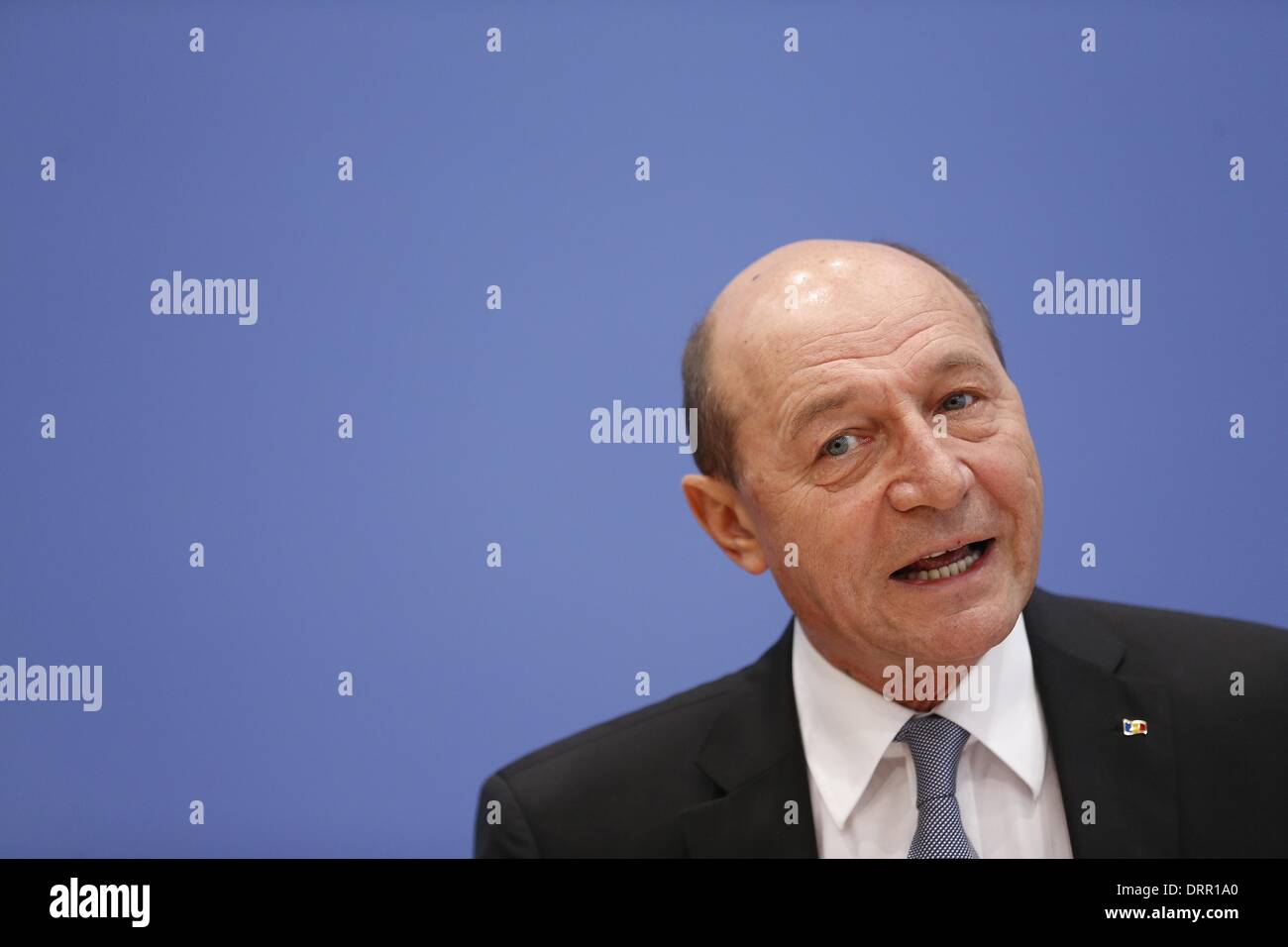 Berlino, Germania. 31 gennaio, 2014. Presidente della Romania Basescu, dà una conferenza stampa a casa federale di conferenza stampa a Berlino circa i soggetti: ' Partnership Romania - Germania / realizzazione di Romania come membro dell'Unione europea / regionale delle domande di sicurezza '. Immagine: Traian Basescu, Presidente della Romania, a Berlino, Germania, il 31 gennaio 2014. © Reynaldo Paganelli/NurPhoto/ZUMAPRESS.com/Alamy Live News Foto Stock