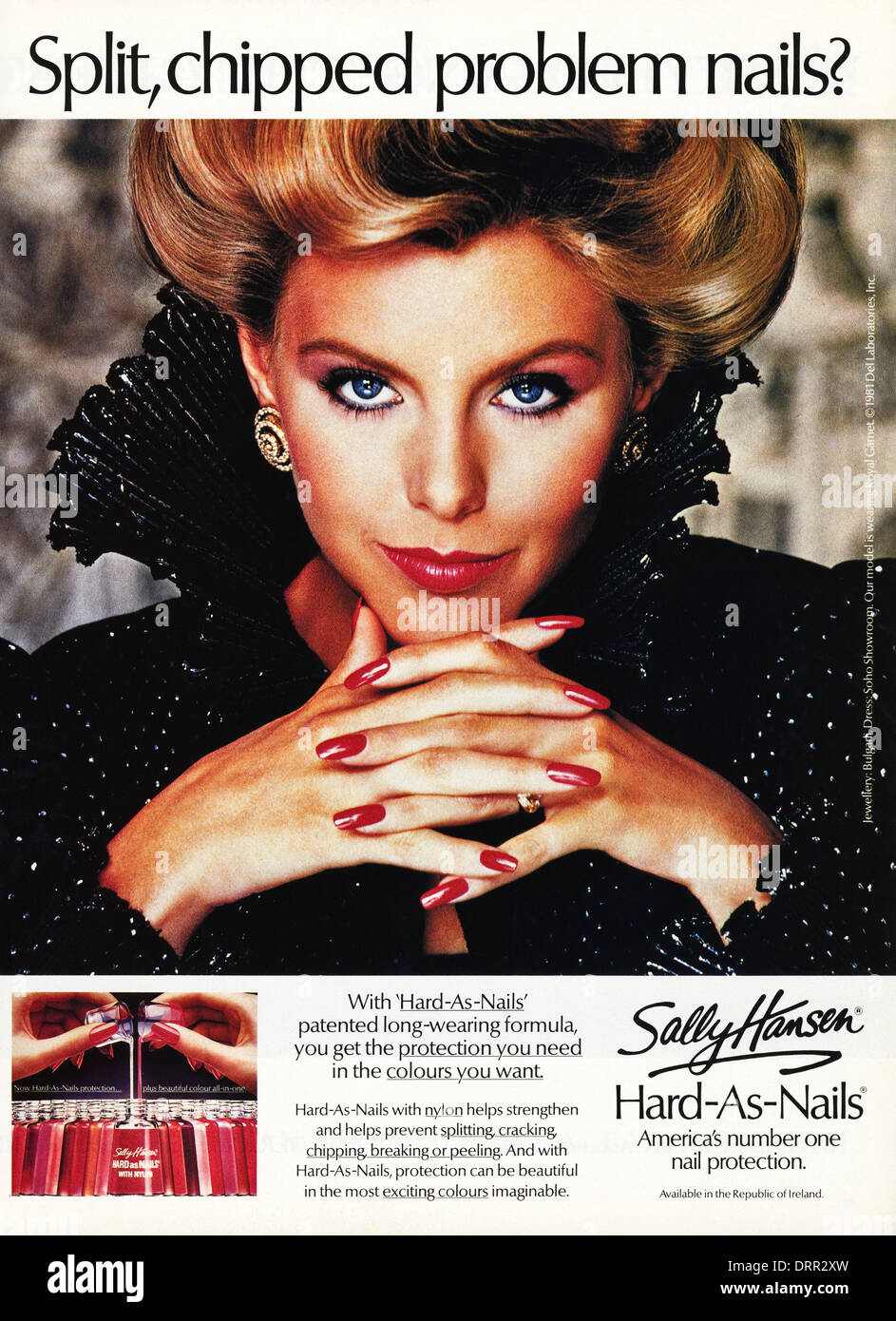 Negli anni ottanta la rivista di moda pubblicità pubblicità indurente per unghie da SALLY HANSEN, annuncio circa 1983 Foto Stock