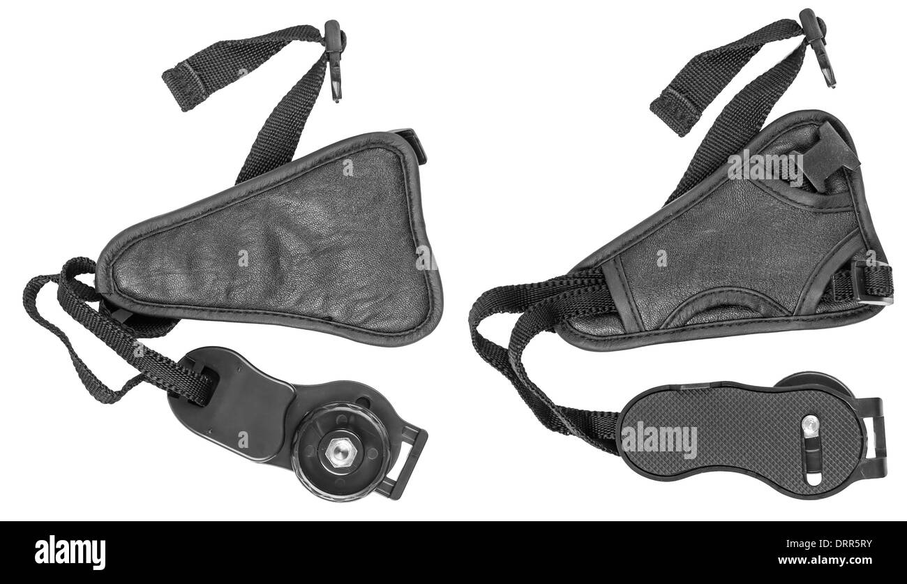 Realizzata in pelle cinturino da polso della fotocamera isolato a sfondo bianco Foto Stock