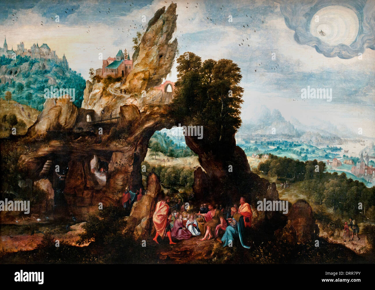 Paesaggio con la predicazione di Giovanni Battista di Erri Met de Bles 1480-1540 Belgio fiammingo Foto Stock