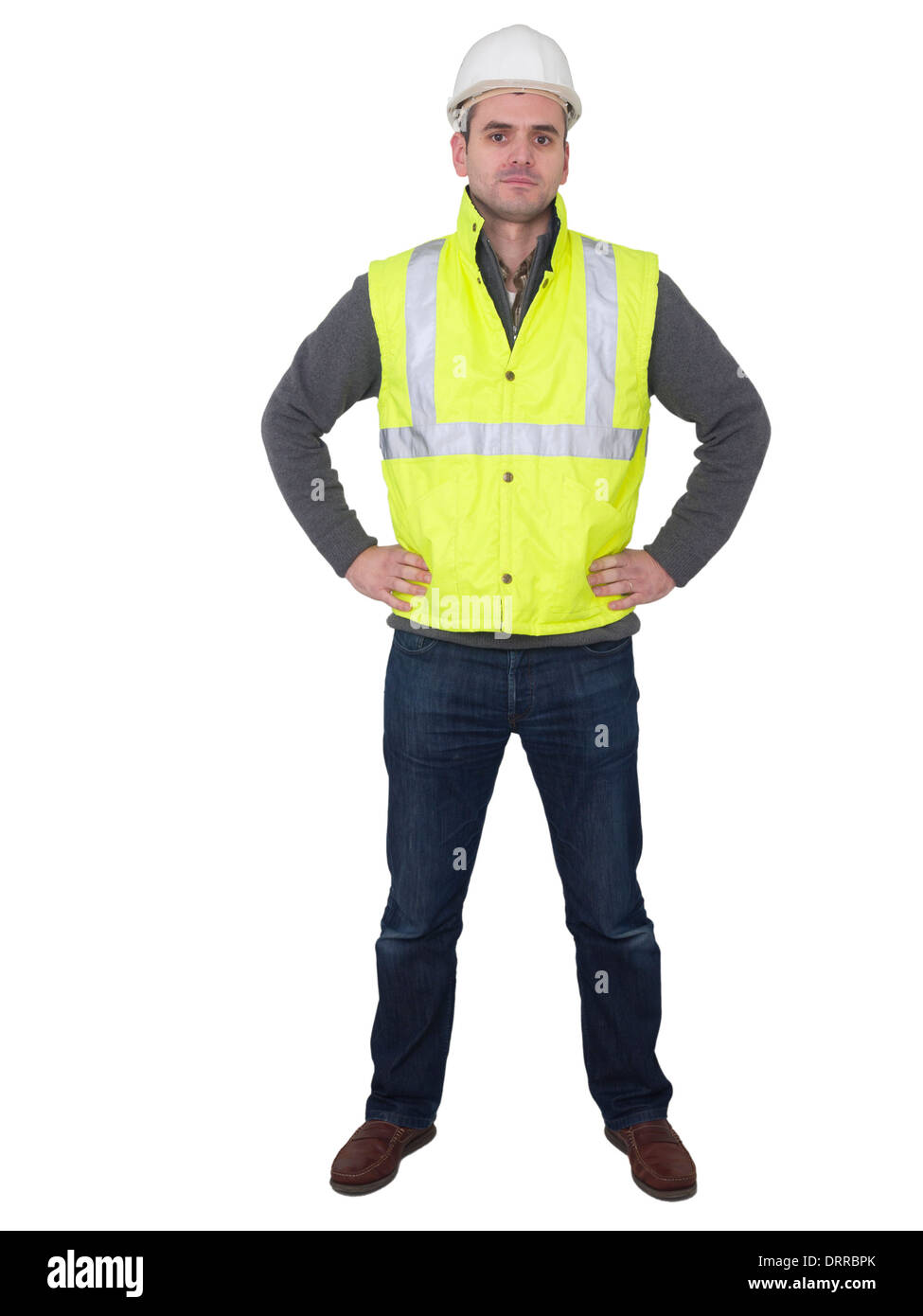 Ritratto a figura intera di ingegnere con elmetto e giallo riflettente giubbotto di sicurezza Foto Stock