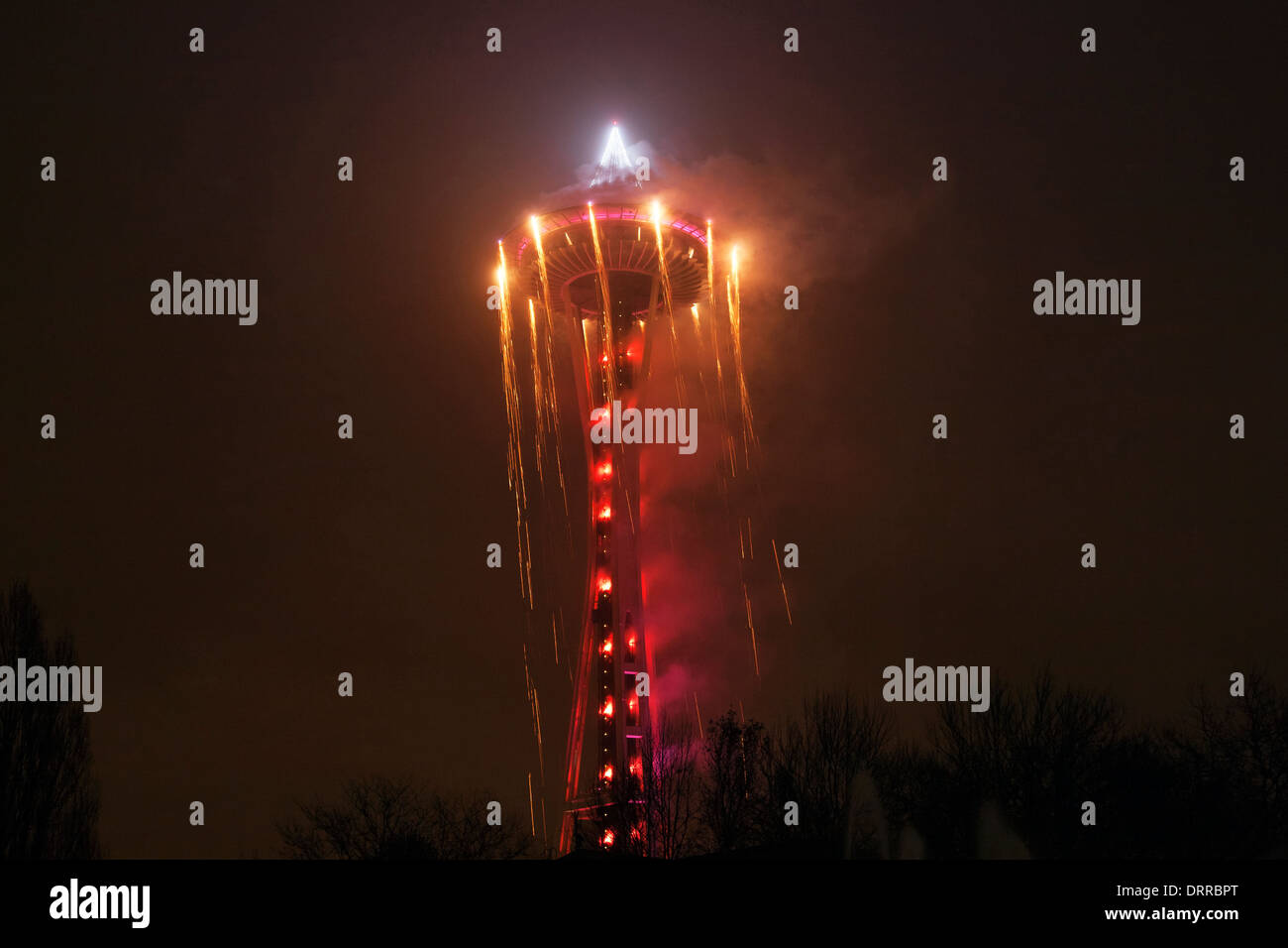 WASHINGTON - 2014 Anno Nuovo fuochi d'artificio di Space Needle sponsorizzato da T-Mobile presso il centro di Seattle. Foto Stock