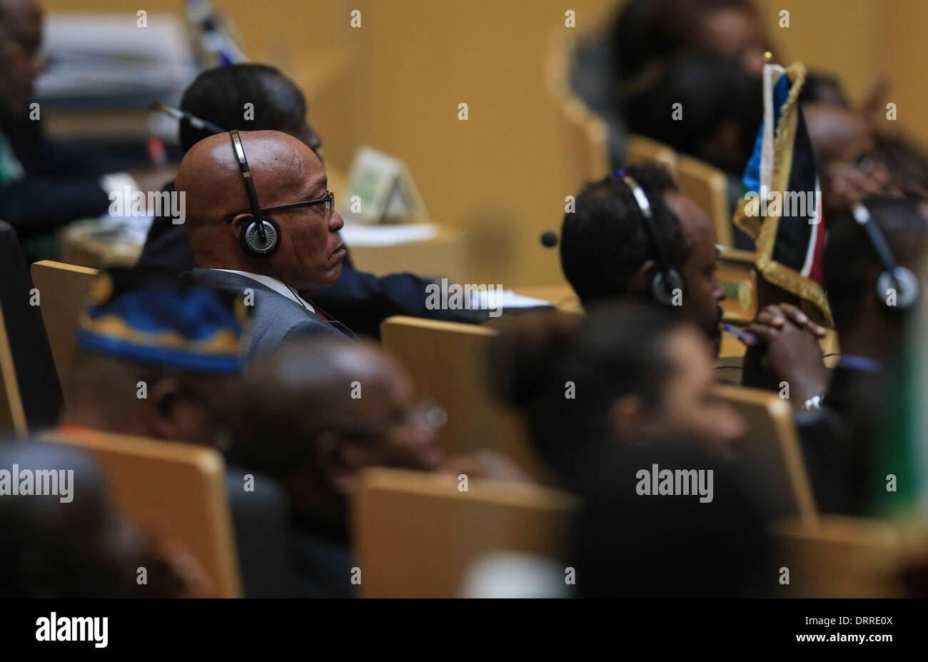 Etiopia ad Addis Abeba. 31 gennaio, 2014. Il presidente del Sudafrica Jacob Zuma partecipa alla cerimonia di chiusura della XXII Unione Africana (AU) Vertice di Addis Abeba, Etiopia, Gennaio 31, 2014. La ventiduesima Unione Africana (AU) Vertice si è concluso a AU presso la sede centrale in Etiopia la città capitale di Addis Abeba venerdì, con impegno di trasformare l'agricoltura e ripristinare la pace regionale. Credito: Meng Chenguang/Xinhua/Alamy Live News Foto Stock