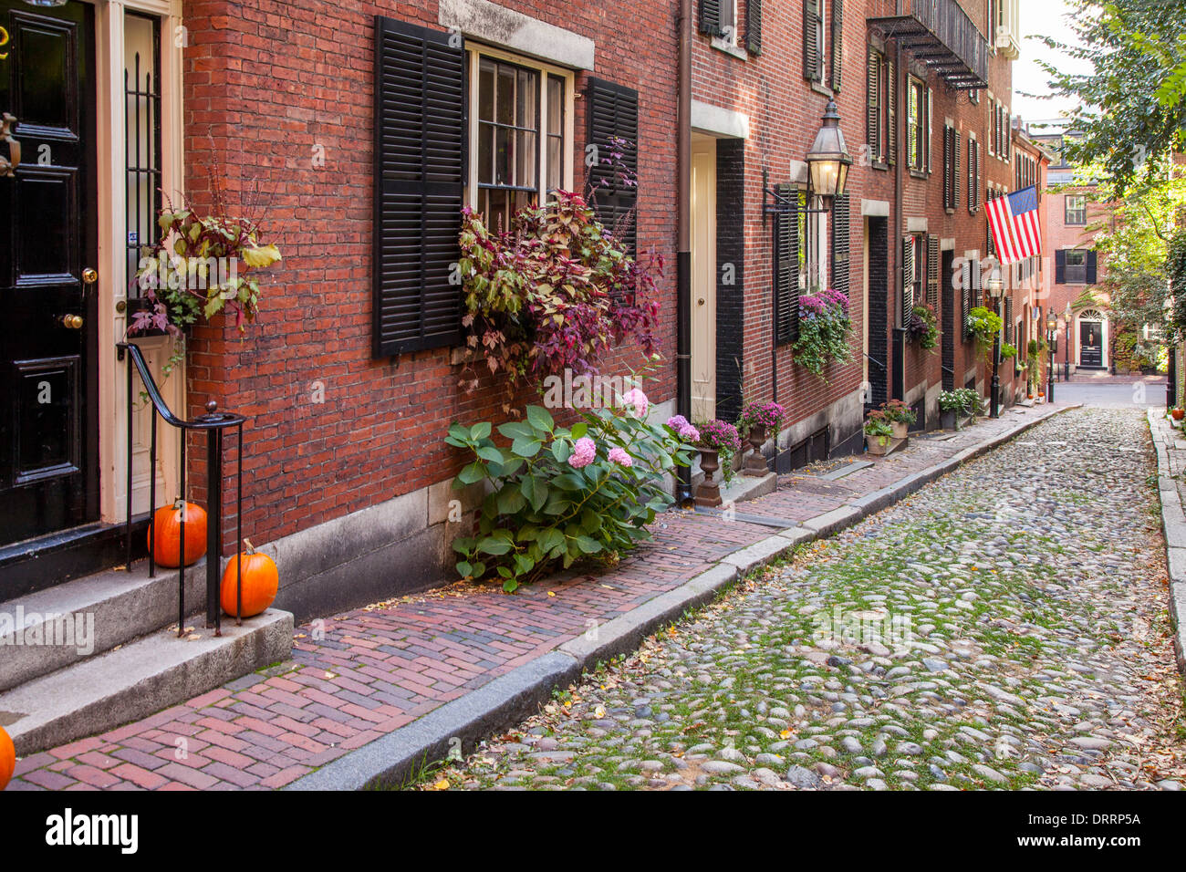 Famoso Acorn Street in Beacon Hill, Boston Massachusetts, STATI UNITI D'AMERICA Foto Stock