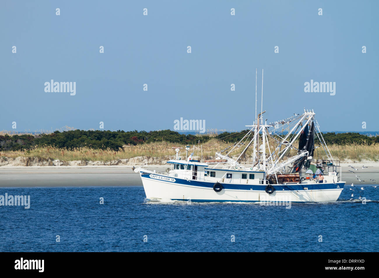 Barca da gamberetti di ritorno da una giornata di shrimping in Fernandina Beach, Florida. Foto Stock