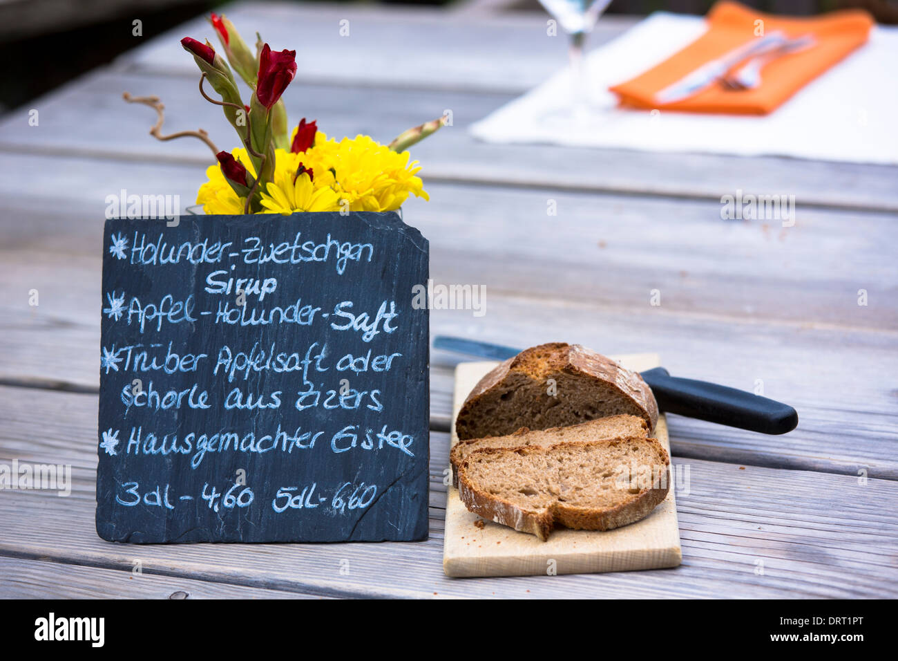Menù di bevande a pranzo al Gasthaus Hohwald hotel ristorante a Klosters-Montbiel nella regione Grigioni, Svizzera Foto Stock