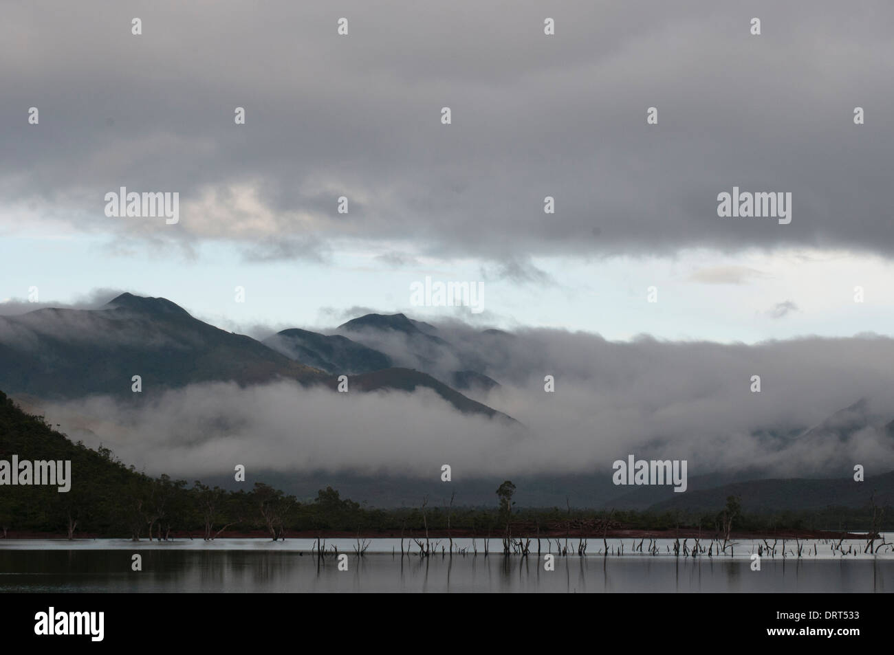 Paese collinare che circonda il Lac de Yate nel sud della Nuova Caledonia Foto Stock