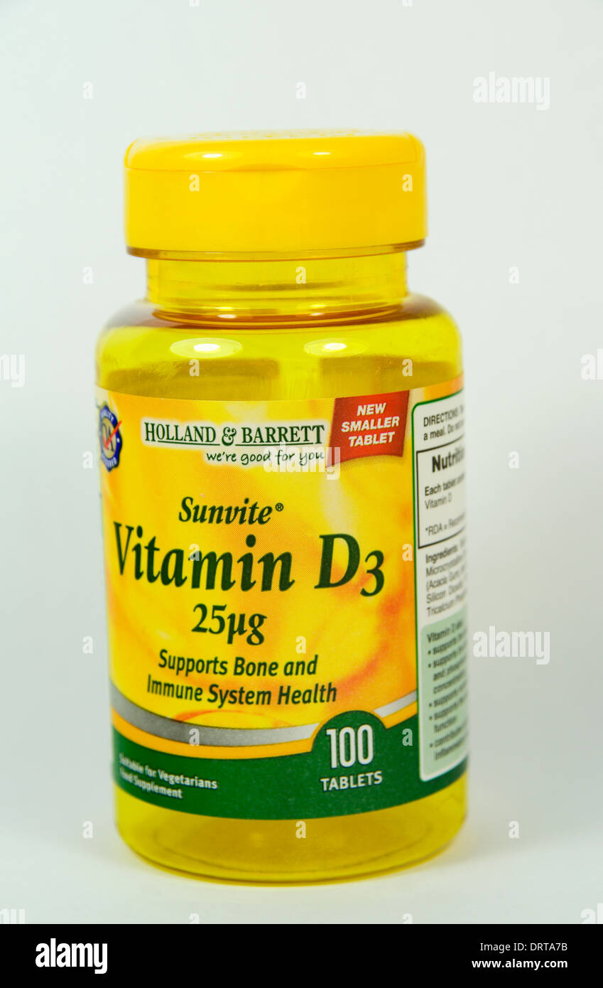 La vitamina D3 bottiglia. Foto Stock