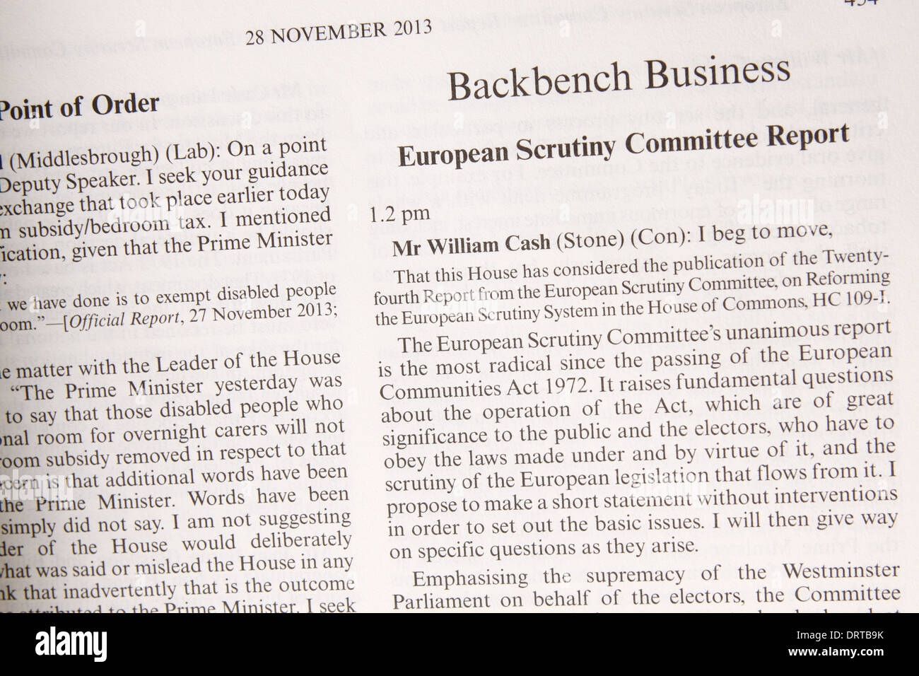 Hansard il parlamento di Westminster ufficiale con una relazione sul business backbench pronunciate dal Signor William Cash MP Foto Stock