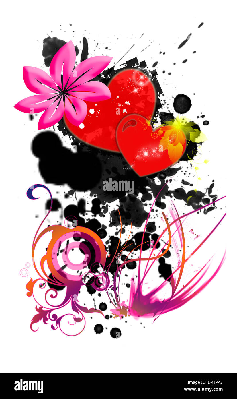 Un oscuro amore pattern con macchie di inchiostro e fiori intorno a due cuori Foto Stock