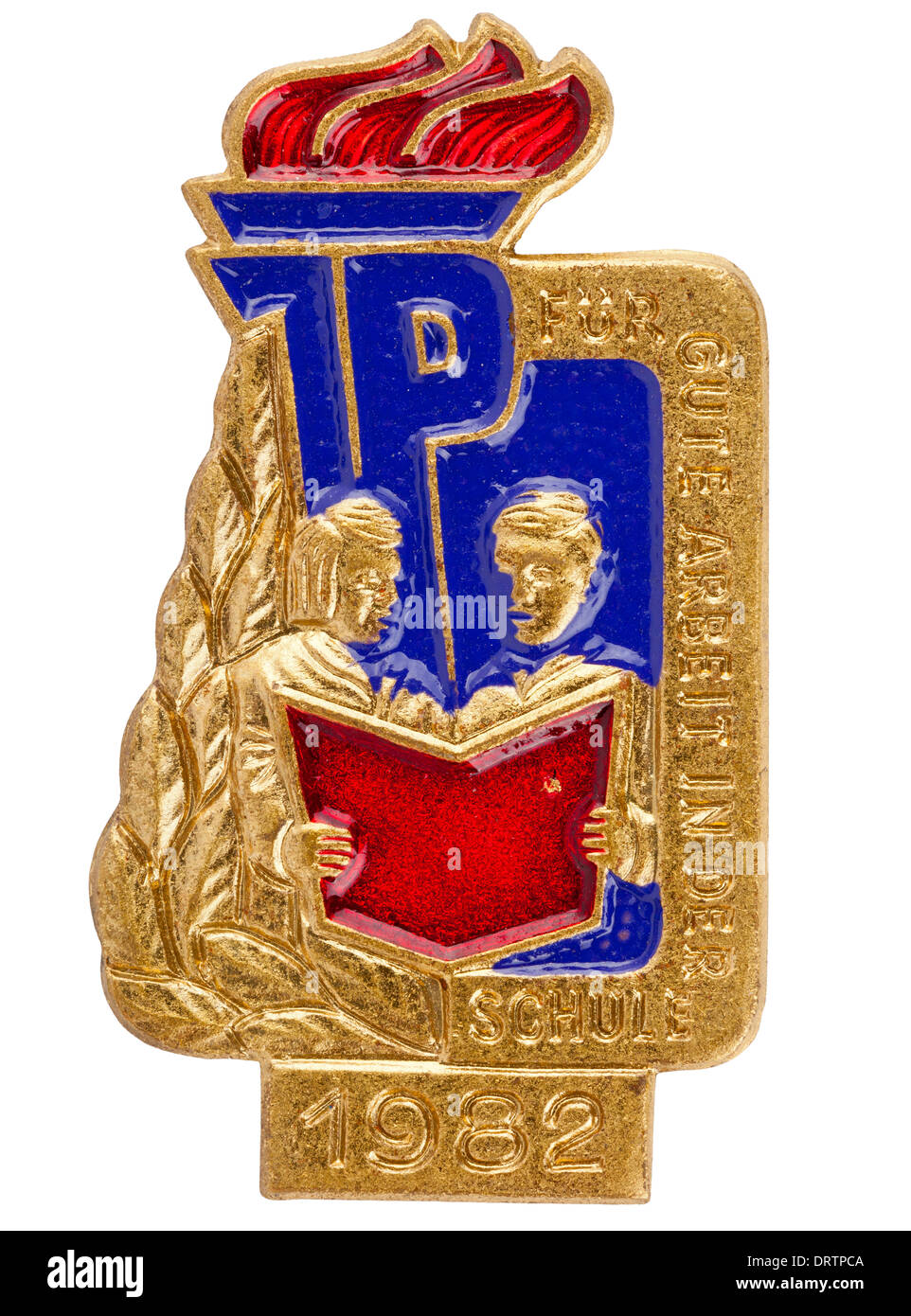 Repubblica democratica tedesca (DDR) Il gruppo giovanile (Junge Pioniere) badge, "Für gute Arbeit in der schule' - 1982 Foto Stock Repubblica democratica tedesca (DDR) Il gruppo giovanile (Junge Pioniere) badge, "Für gute Arbeit in der schule' - 1982 Foto Stock
