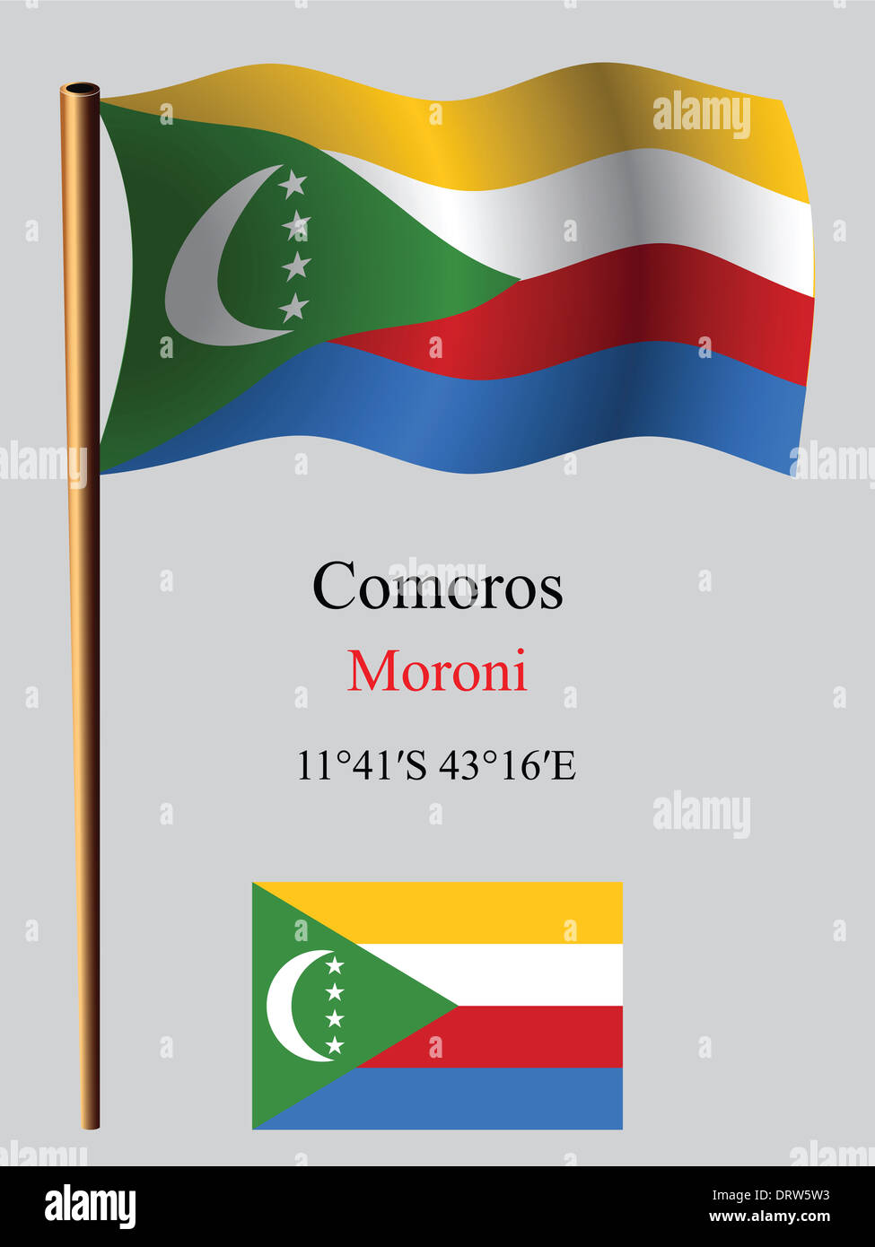 Comore bandiera ondulata e coordinate contro uno sfondo grigio, arte vettoriale illustrazione, immagine contiene la trasparenza Foto Stock