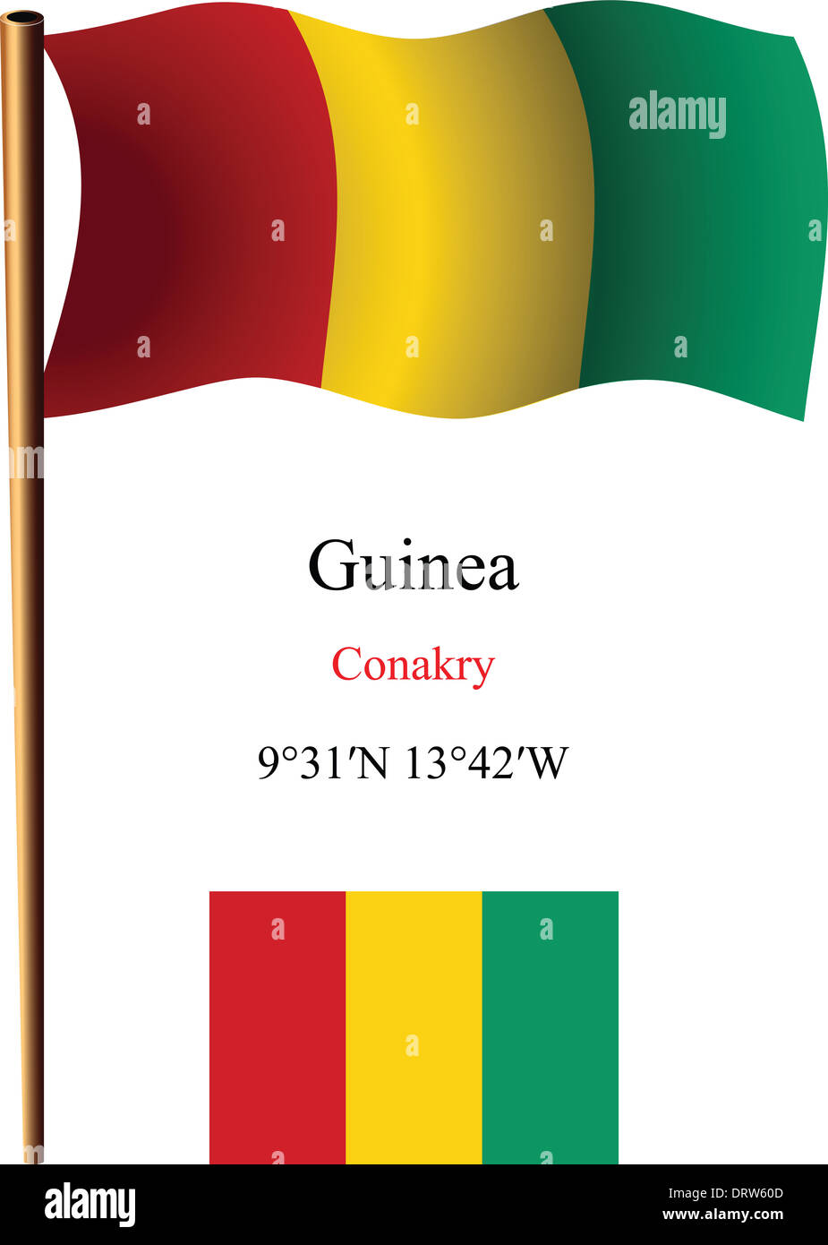 Guinea bandiera ondulata e coordinate contro uno sfondo bianco, arte vettoriale illustrazione, immagine contiene la trasparenza Foto Stock