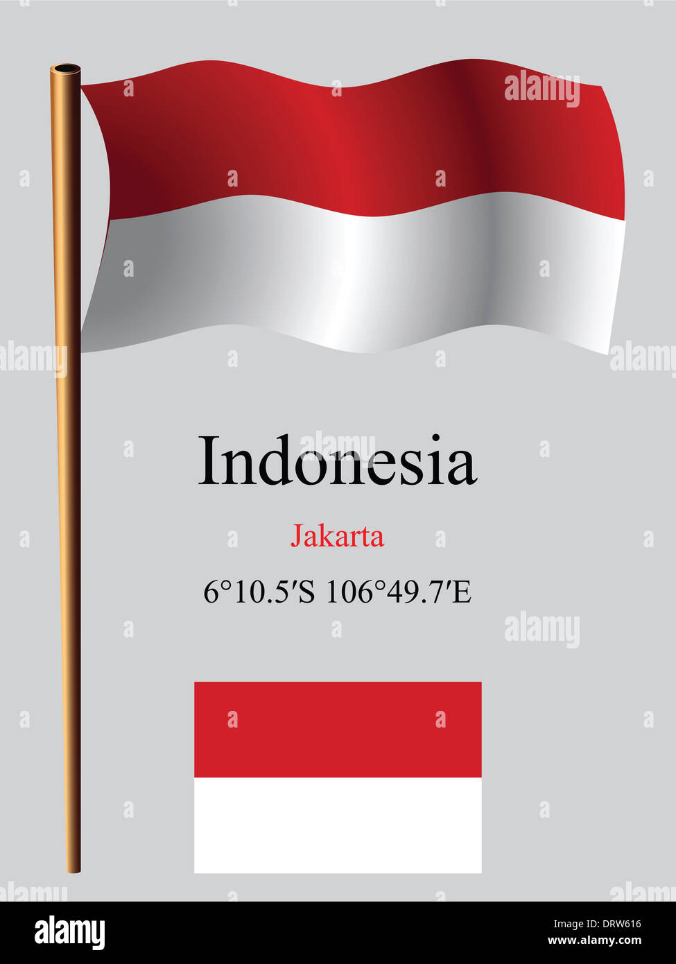 Indonesia bandiera ondulata e coordinate contro uno sfondo grigio, arte vettoriale illustrazione, immagine contiene la trasparenza Foto Stock