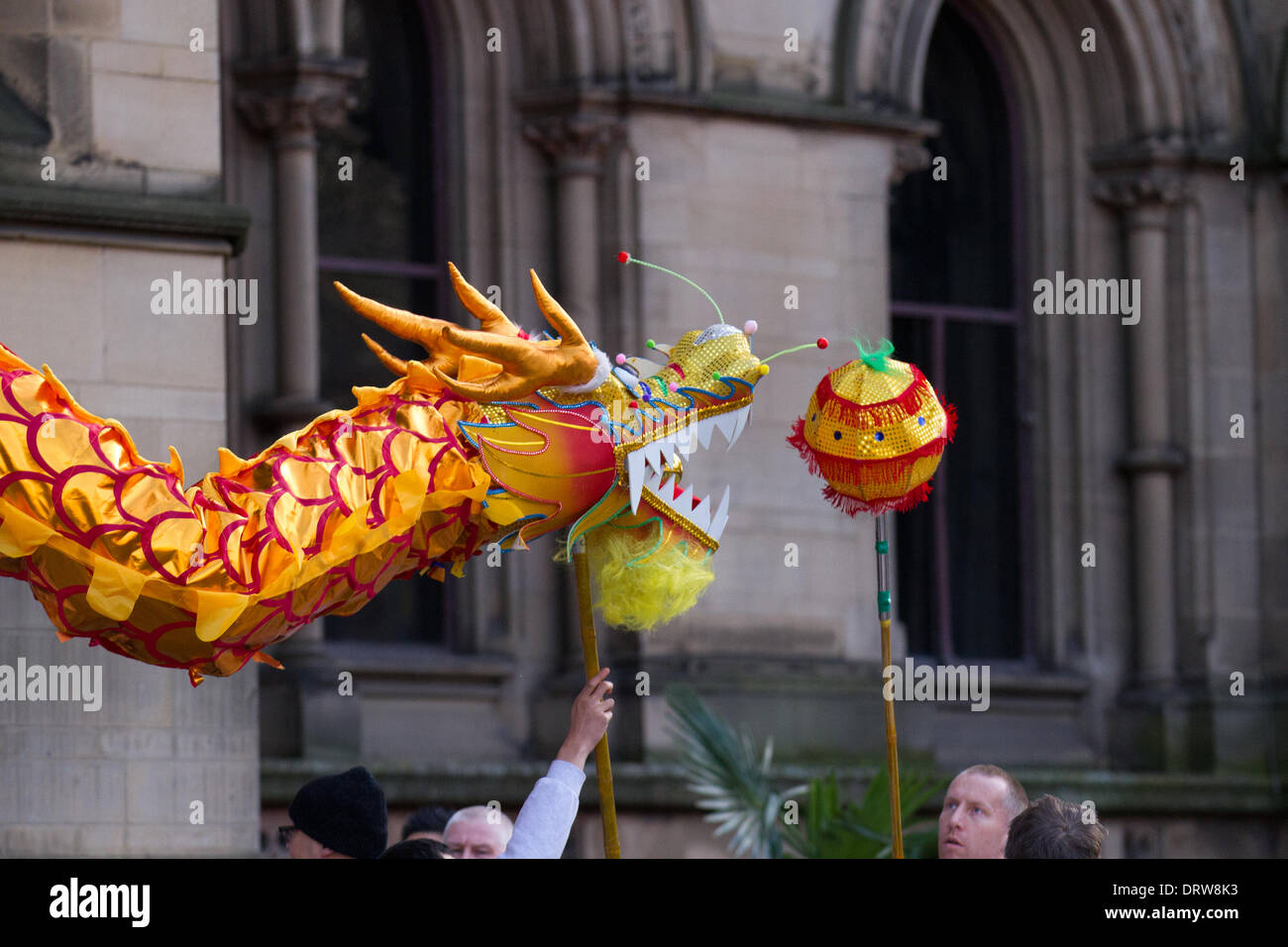 Costume cinese zodiaco animali. Tradizionale festival di danza del drago di Capodanno dorato a Chinatown Febbraio, 2104. Danza del drago High-pole al Capodanno cinese ad Albert Square, Manchester, il più grande festeggiamenti del nuovo anno cinese del Nord. La Chinatown di Manchester è una delle più grandi d'Europa nascosta in una stretta griglia di strade dietro i Piccadilly Gardens. Con un drago di carta dorata di 175 piedi, una danza del leone, dimostrazioni di arti marziali, la Dragon Parade, dal Municipio a Chinatown, è uno dei momenti salienti del calendario annuale degli eventi di Manchester. Foto Stock