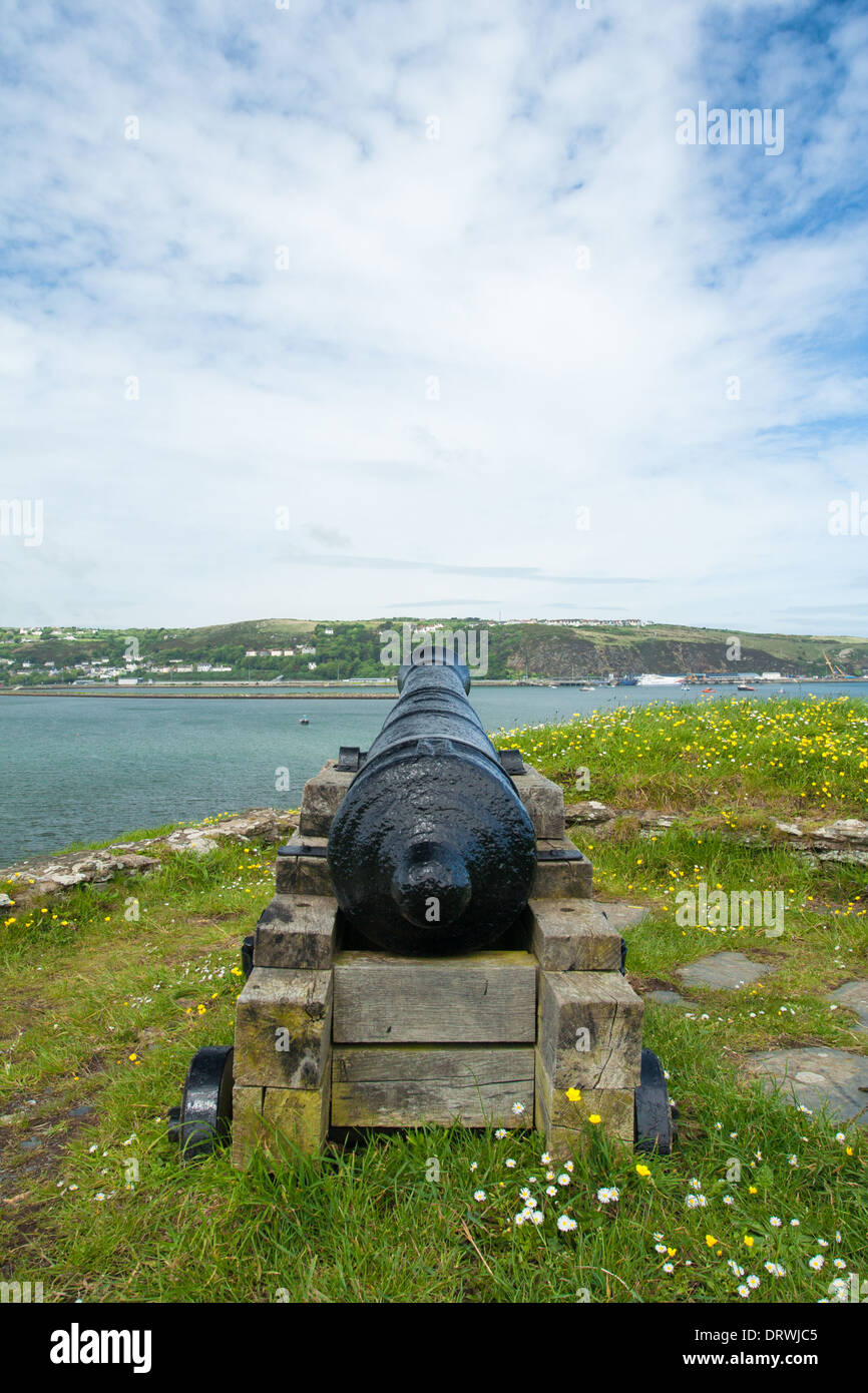 Pistola / Cannon a Fishguard Fortino Napoleonico Foto Stock