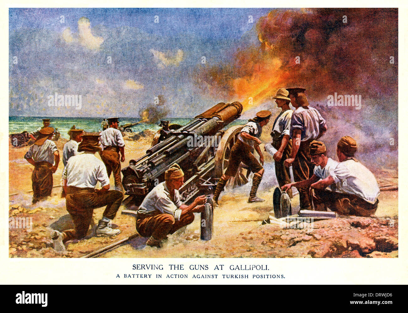 Pistole a Gallipoli, una batteria in azione contro i Turchi Foto Stock