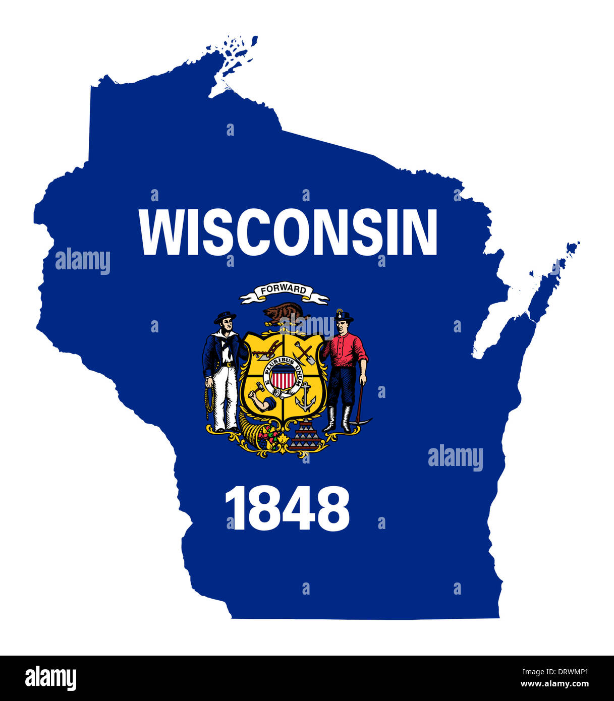 Stato del Wisconsin bandiera mappa isolato su uno sfondo bianco, U.S.A. Foto Stock