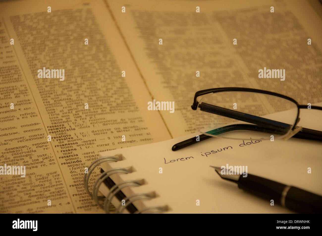 Un stile vintage colpo di un notebook e di un dizionario Latino Foto Stock