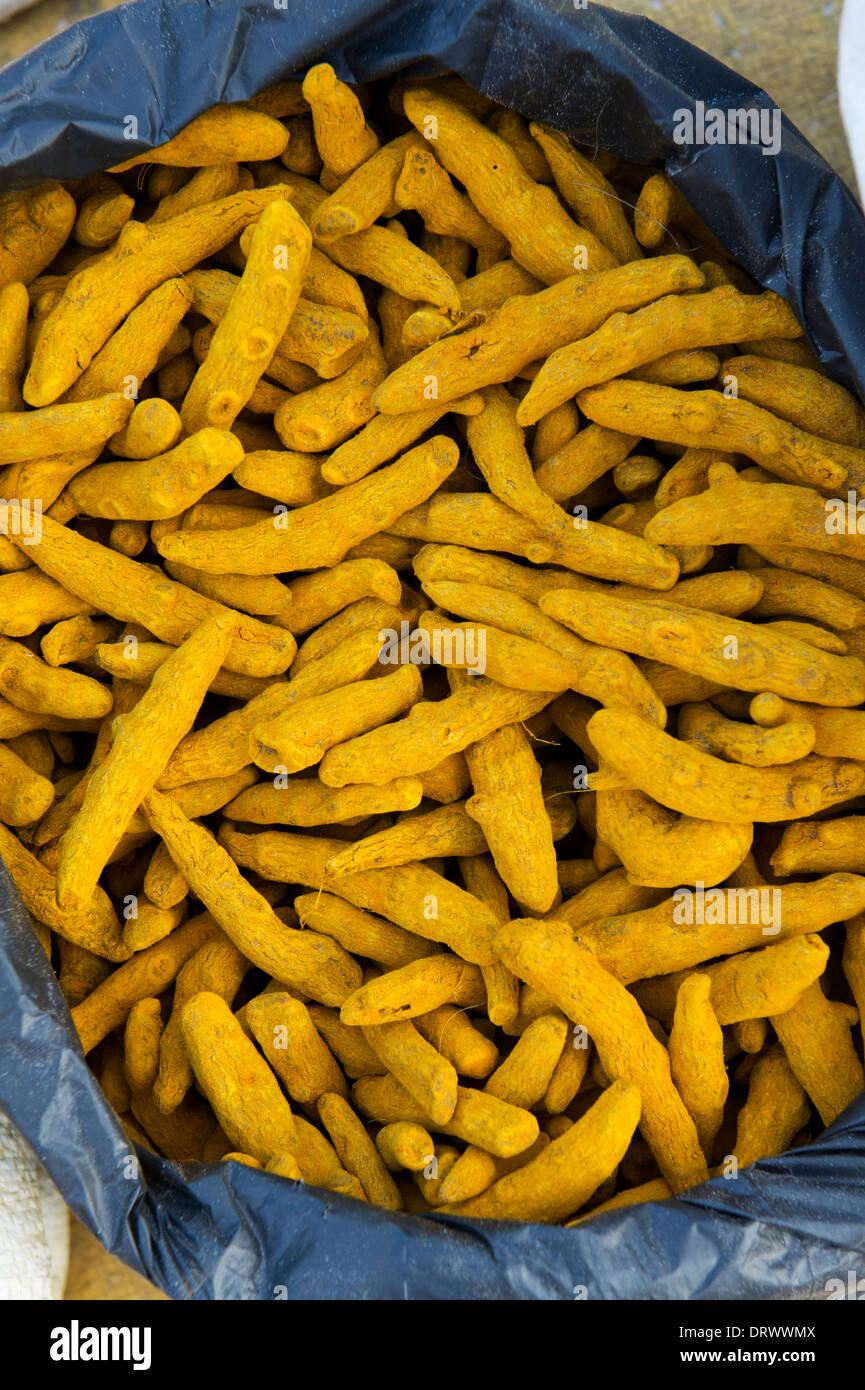 Essiccata la curcuma rizomi a un mercato indiano, Andhra Pradesh, India Foto Stock