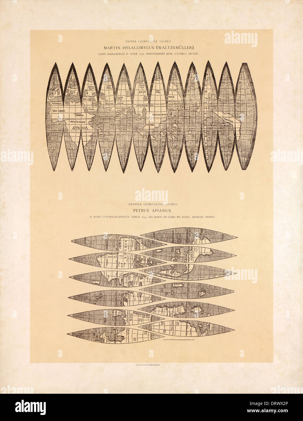 Global fusi da Martin Waldseemüller (1470-1520) Petrus Apiano (1495-1552) da Globus Mundus 1509 & Cosmographicus liber 1524 Foto Stock